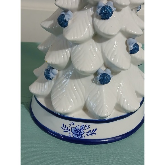 White Ceramic Christmas Tree Blue Accents Star Topper Tabletop Decor - Picture 2 of 4